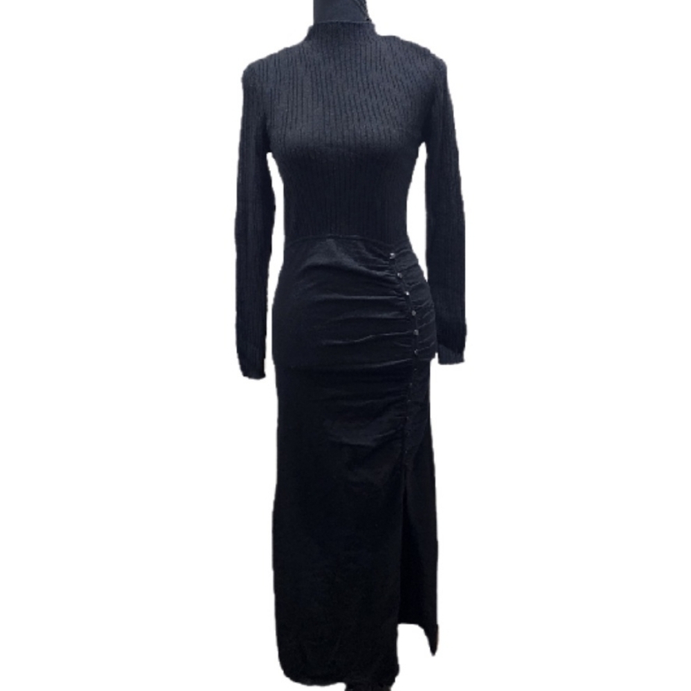 🔥 Sandro-Paris Ruched Wool Blend Midi Leg Slit Long Sleeve Sweater Dress